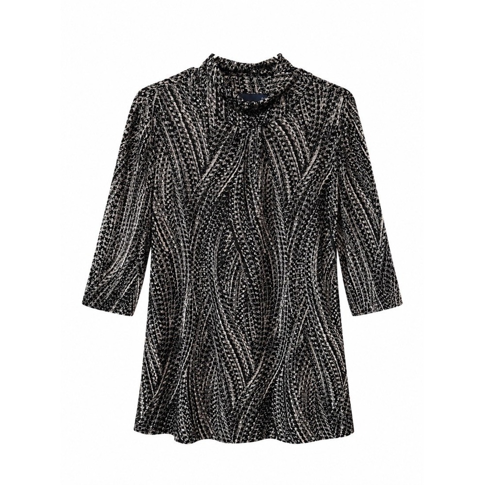 Susan Graver Style Plus 1X Black Geometric Print Mock Neck Tunic Top Blouse